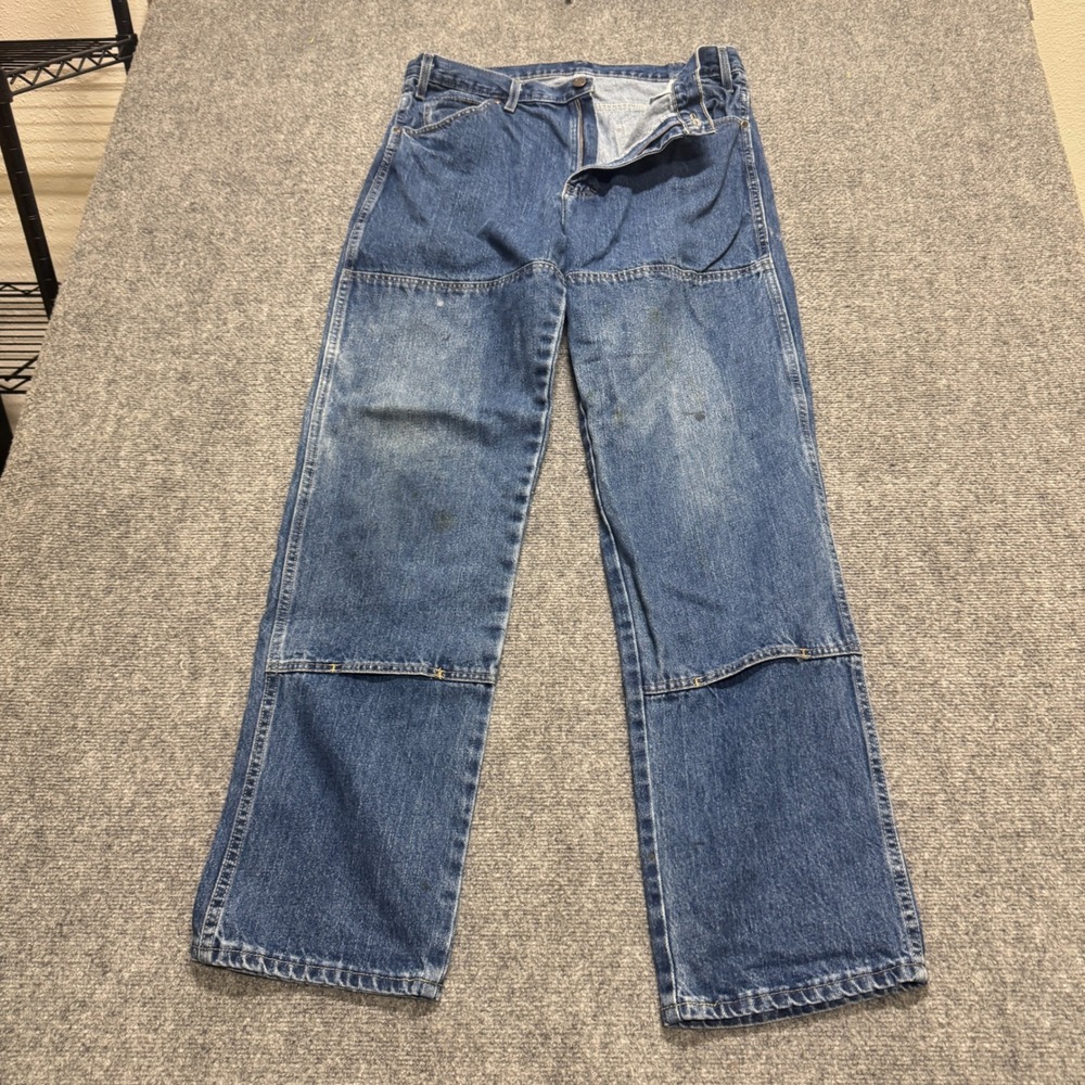 VTG Dickies Double Knee Mens 34x32 Blue Denim Canvas Workwear Faded 90s
